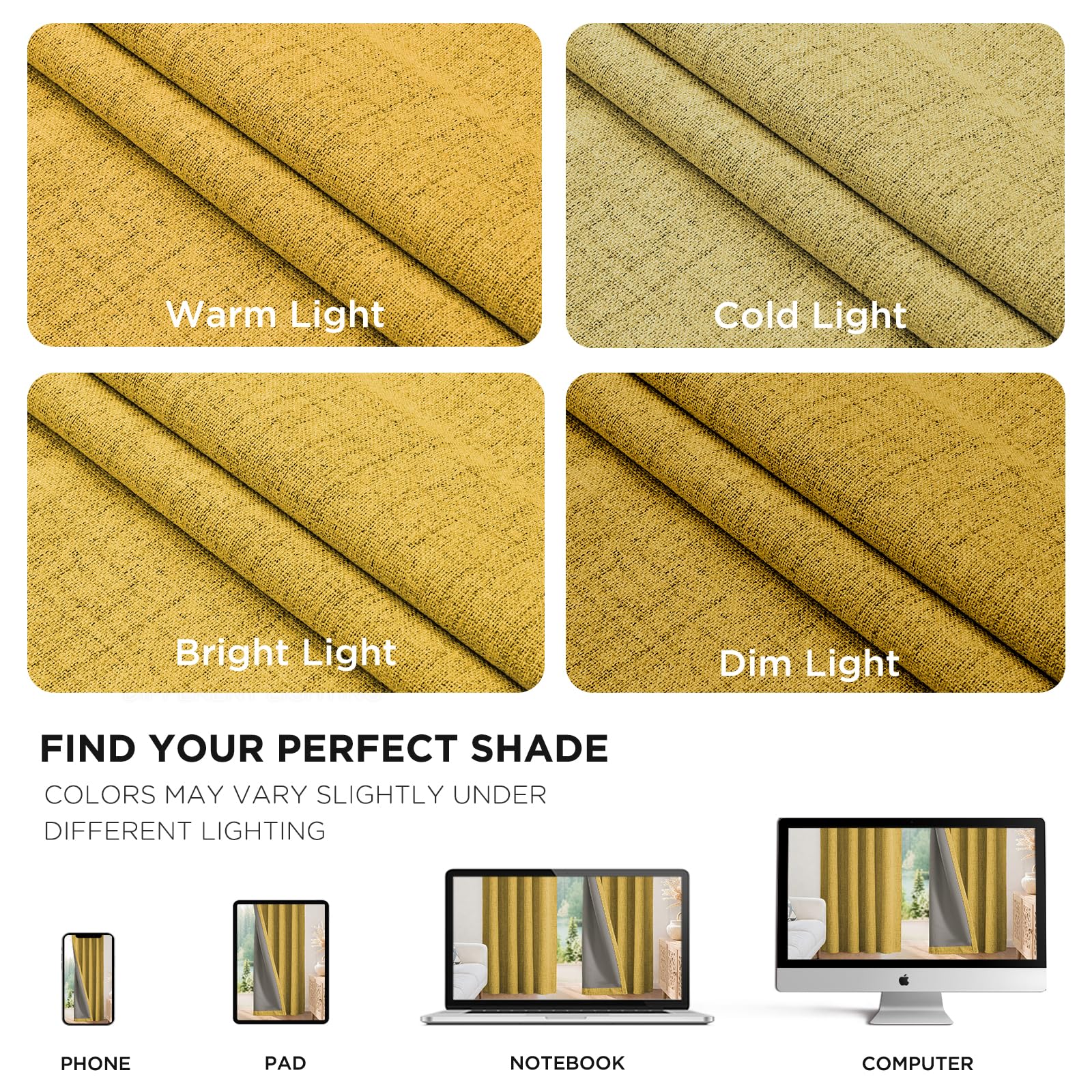 Joydeco Blackout Curtains for Bedroom - 100% Light Blocking 2 Panels Set Yellow Drapes 37" W x 63" L, Thermal Insulated Room Darkening Curtains, Linen Textured for Living Room, Rod Pocket & Back Tabs