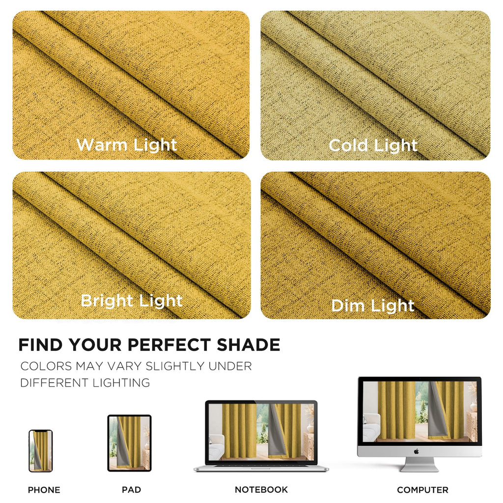 Joydeco Blackout Curtains for Bedroom - 100% Light Blocking 2 Panels Set Yellow Drapes 37" W x 96" L, Thermal Insulated Room Darkening Curtains, Linen Textured for Living Room, Rod Pocket & Back Tabs