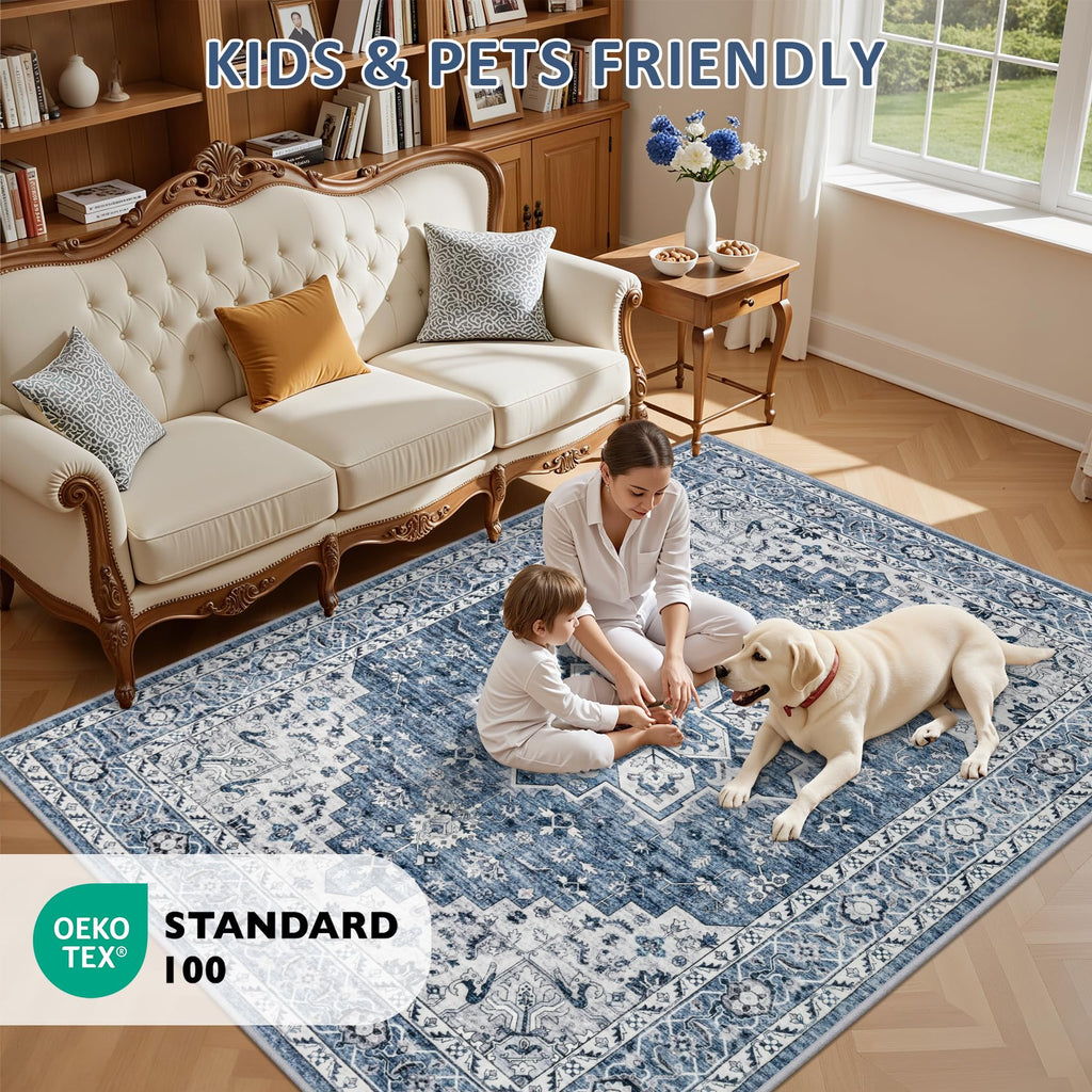 ExpediX 4x6 Area Rugs Living Room: Washable Vintage Rug for Bedroom Blue