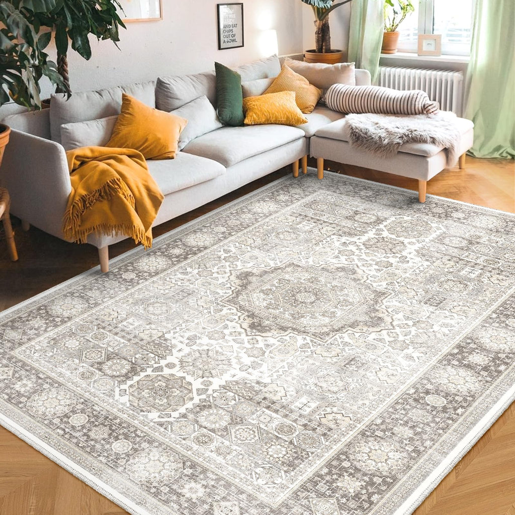 8x10 Rug Cream & Grey Foldable Area Rugs Distressed Pattern Carpet