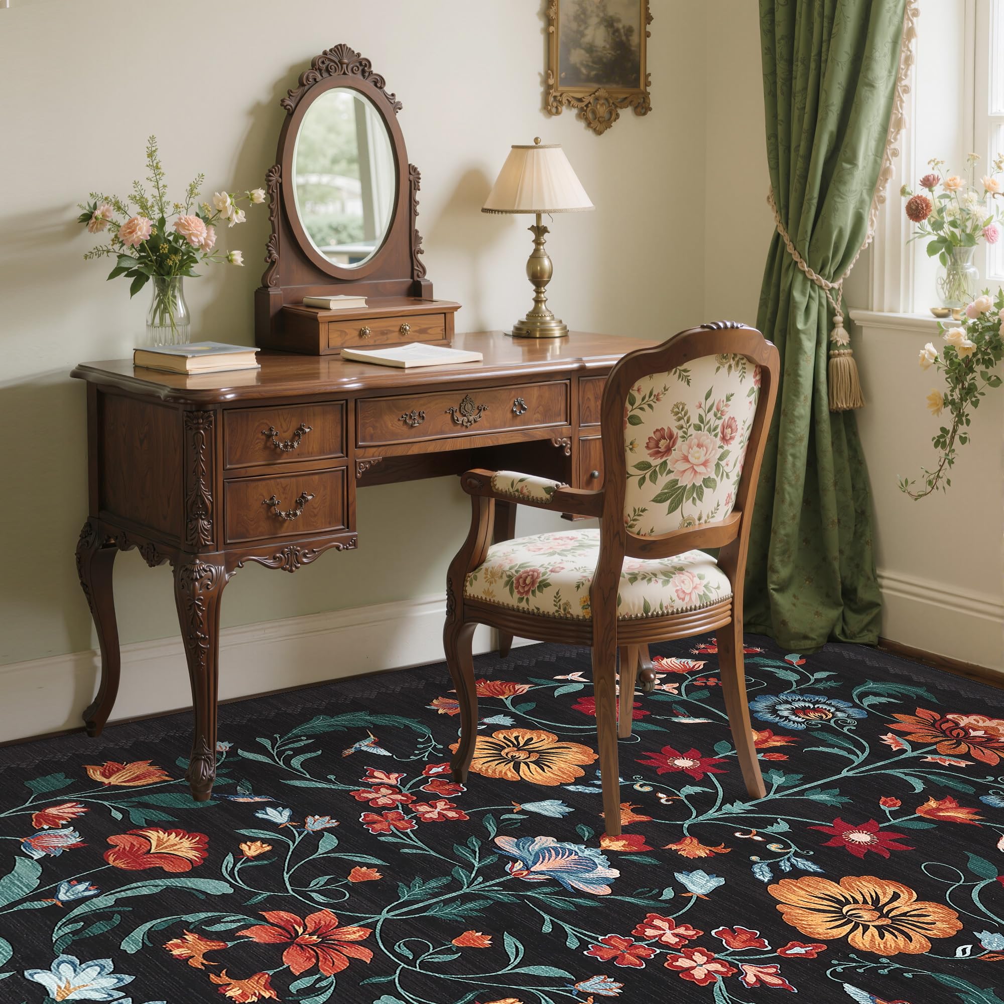 GarveeHome Washable Rug 4x6 Area Rugs for Living Room, Floral Rug for Bedroom, Soft Boho Non Slip Throw Rugs with Rubber Back, Low Pile Stain Resistant Vintage Floral Carpet for Dining Room, Black