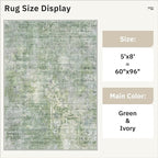 5x8 Area Rugs Green/Ivory Low Pile Indoor Washable Trendy Faded Style Rugs for Bedroom Living Room Dining Room Foldable Non-Slip Thin Print Home Office Mat