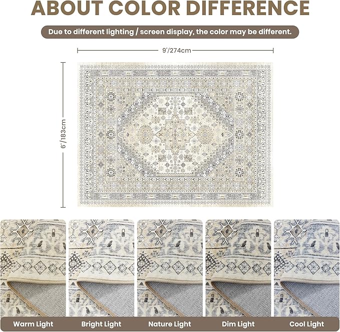 zesthome 6x9 Area Rug, Super Soft Washable Rugs for Living Room, Non-Slip Stain Resistant Vintage Rugs, Ultra-Thin Large Area Rugs (Beige,6'x9')
