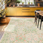 Light Green Bedroom Rug, 7x10 Washable Area Rug Non-Slip for Living Room, Nursery, Kids Room, Dining Room, Vintage Beige Botanical Low Pile Soft Carpet Fade Resistance