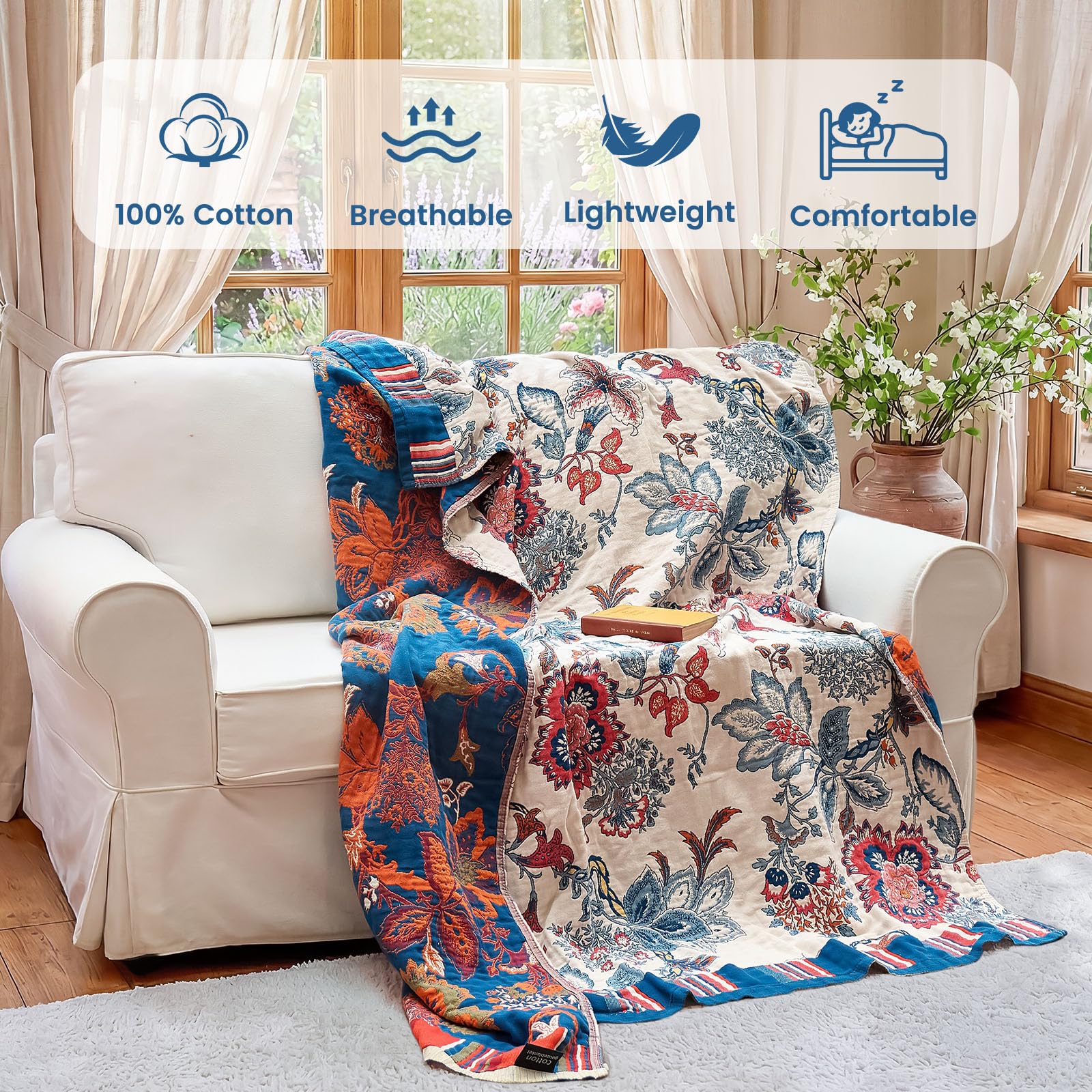 MSGKV Boho Throw Blanket 90"x90" 100% Cotton Farmhouse Butterfly Throw