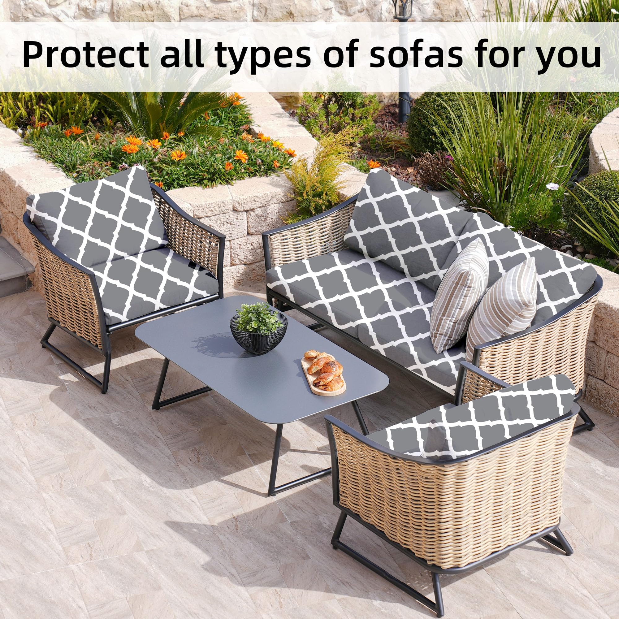 8 Piece Outdoor Cushion Covers, Patio Sofa Cushion Covers, Stretch Fit