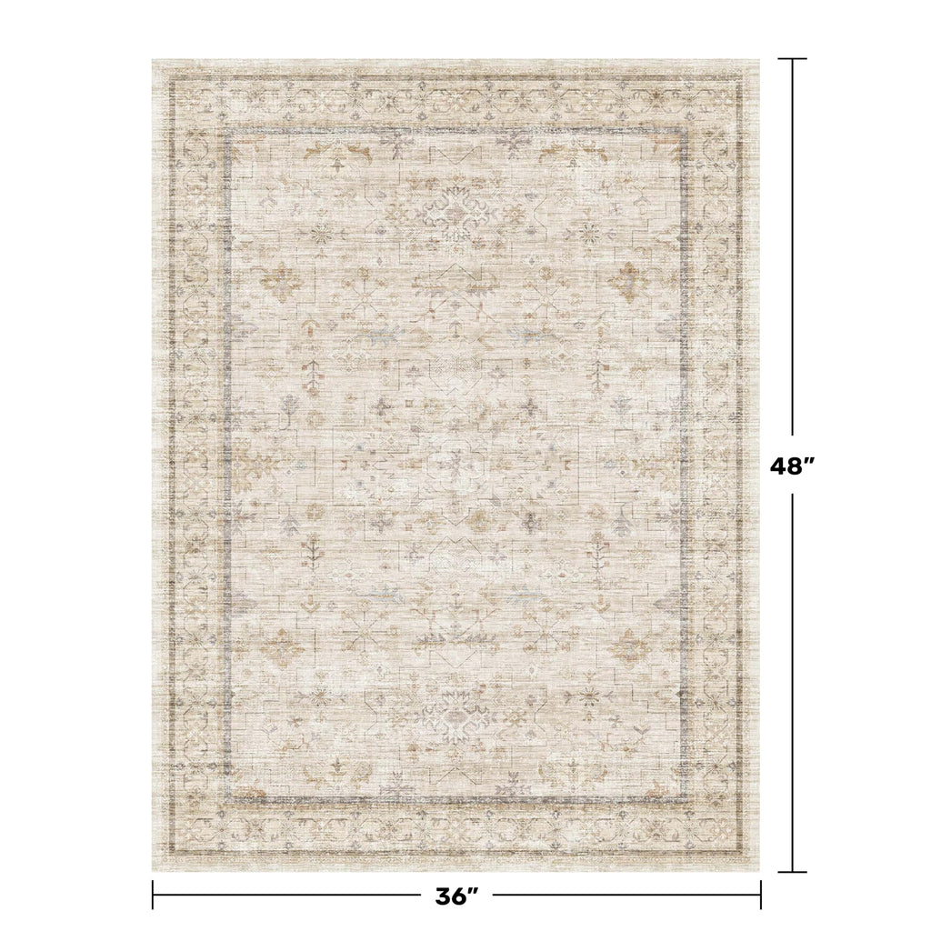 Vintage 3x4 Beige Indoor Rugs for Entryway - Geometric Pattern Washable Non Slip Rug for Kitchen, Bedroom, Laundry Room, Bathroom, Modern Farmhouse Home Décor, Low Pile & Soft Floral Carpet