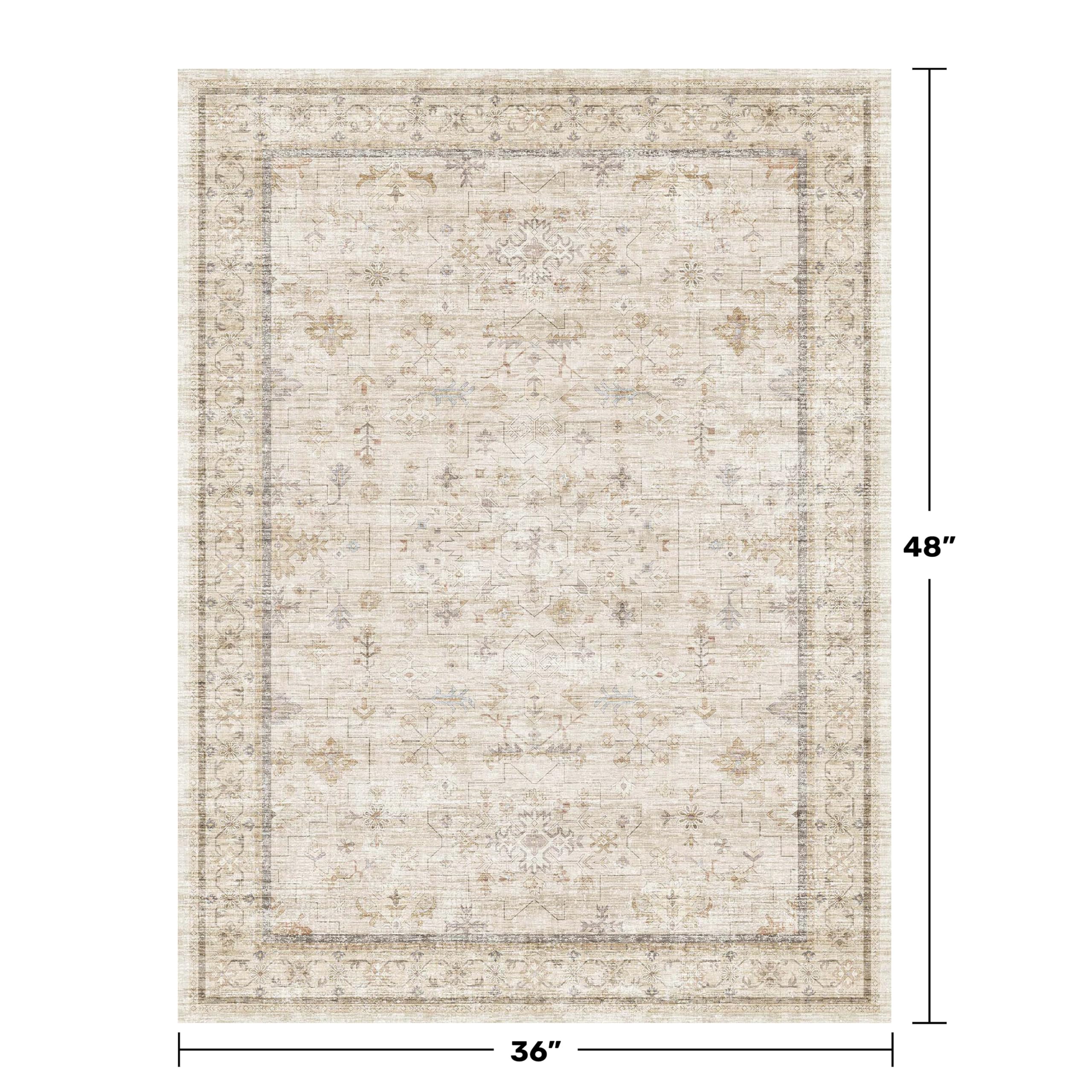 Vintage 3x4 Beige Indoor Rugs for Entryway - Geometric Pattern Washable Non Slip Rug for Kitchen, Bedroom, Laundry Room, Bathroom, Modern Farmhouse Home Décor, Low Pile & Soft Floral Carpet