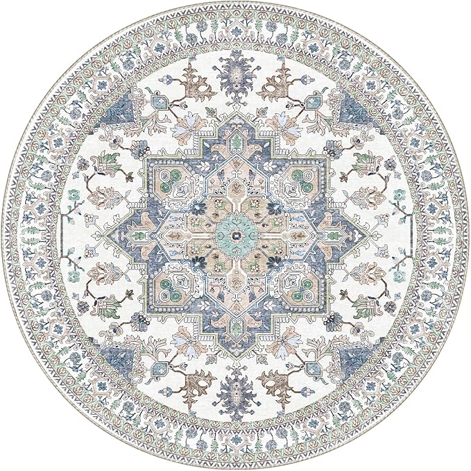 OPPODREAM Soft Round Rug 4ft, Washable Circle Rug 4ft with Non Slip Backing Play Room, Low-Pile Carpet 4 ft, Small Faux Cashmere Throw Carpet, Purple & Green & Cream