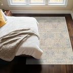 Hazo Haus Boho Beige Blue Living Room Rug 6x8 - Vintage Retro Floral Paste Neutral, Washable Low Pile Non-Slip Large Area Rugs for Dining Under Table, Bedroom