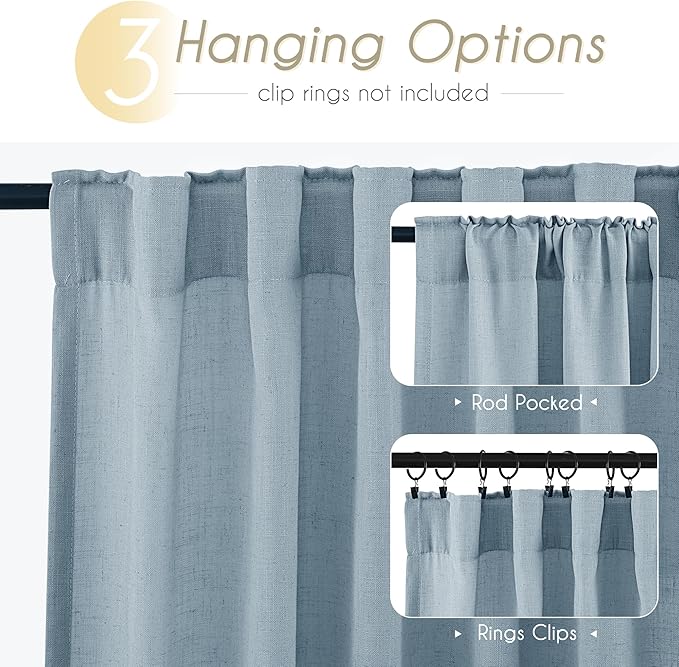 Dusty Blue Linen Curtains for Living Room Back Tab Light Filtering Semi Sheer Light Blue Bedroom Curtains Linen Cotton Textured Grey Blue Drapery Panel Airy Modern Farmhouse Aesthetic Decor 52x96 Long