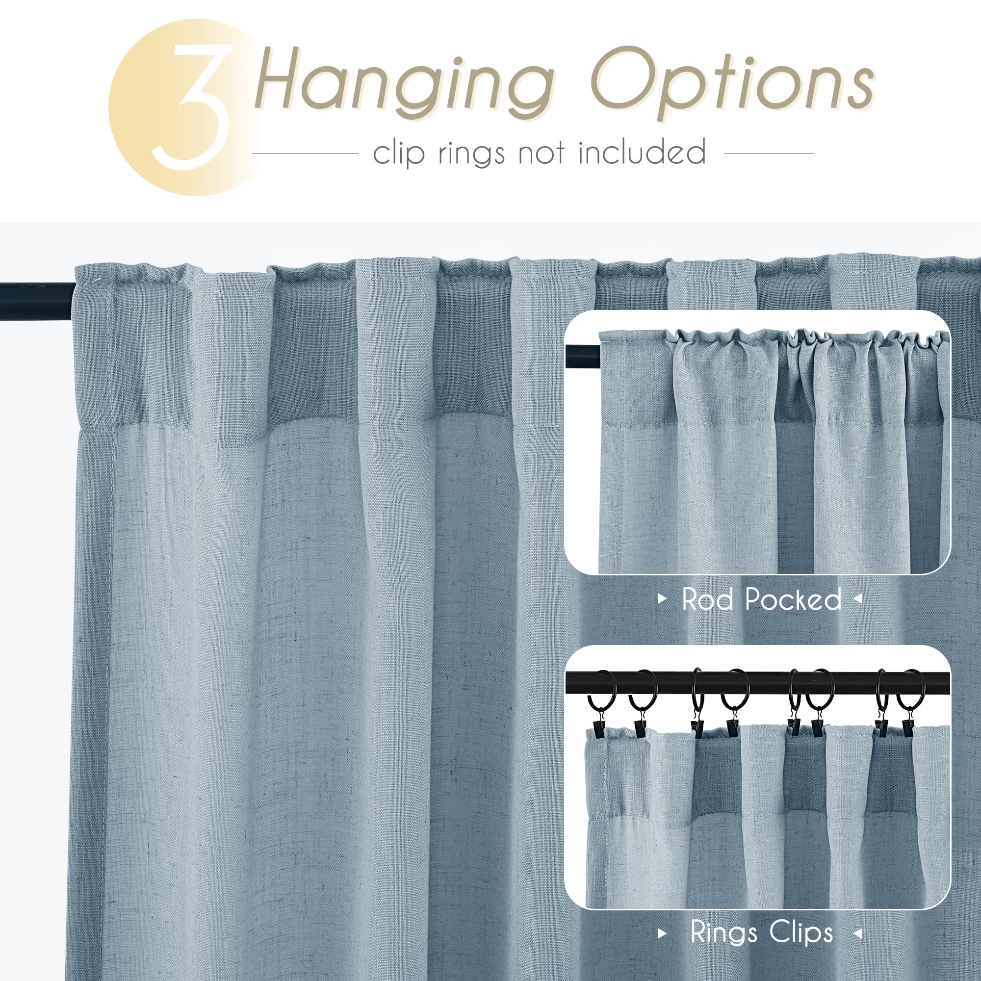 Dusty Blue Linen Curtains for Living Room Back Tab Light Filtering Semi Sheer Light Blue Bedroom Curtains Linen Cotton Textured Grey Blue Drapery Panel Airy Modern Farmhouse Aesthetic Decor 52x96 Long