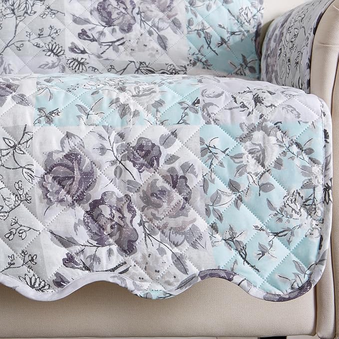 Great Bay Home Reversible Floral Patchwork Recliner Furniture Protector - Machine Washable, Scalloped Edge, Stain Resistant, Printed Furniture Cover for Dogs, Kids, and Pets (Gray/Aqua)