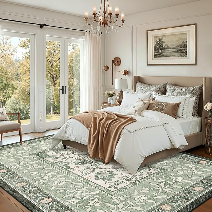 GarveeHome Provence Area Rugs 9x12 Living Room, Botanical Grove Sage Green Cottagecore Washable Rug for Bedroom Dining Nursery Low-Pile Vintage Large Soft Carpet
