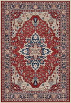 RELEANY Area Rugs Round 8ft Washable Non-Slip, Floral Vintage Distress Print Pattern Medallion Carpet for Living Room Bedroom Dining Room, Red Blue