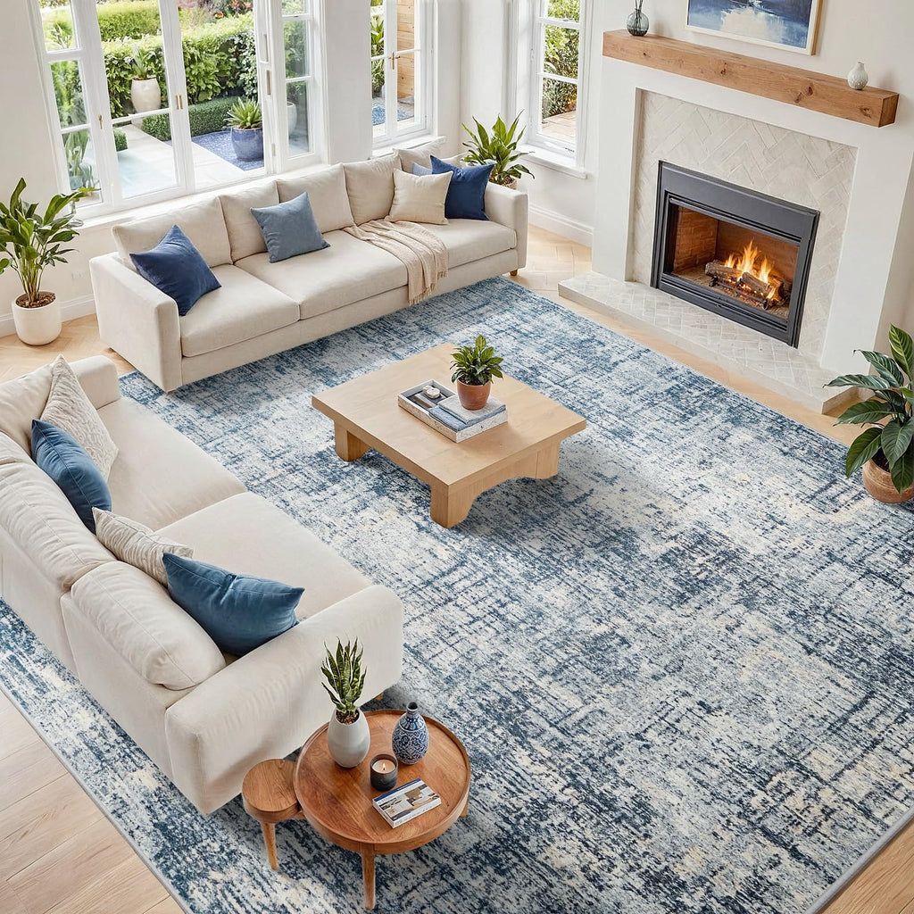 10x14 Washable Area Rug for Living Room Bedroom: Non-Slip Modern Blue Gold