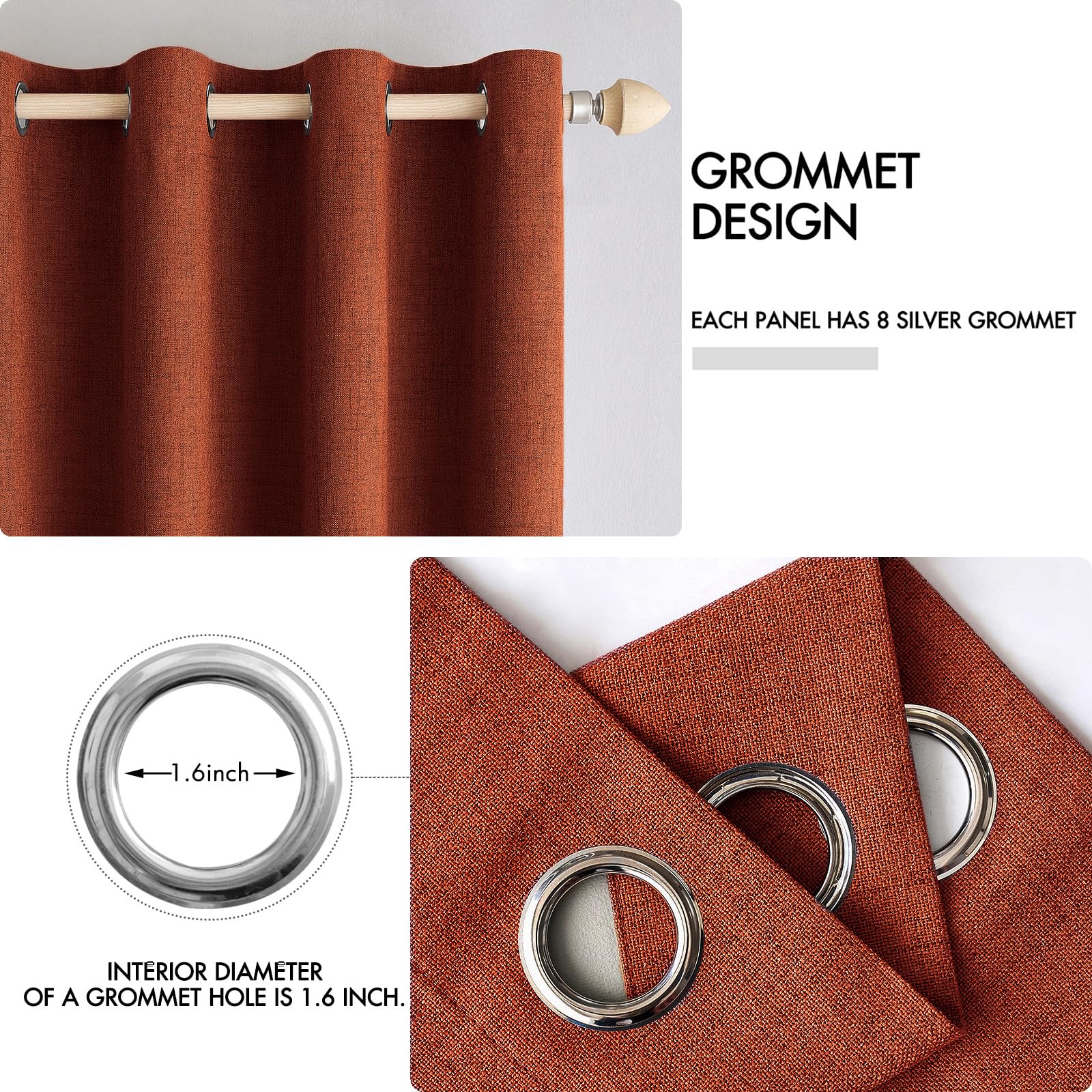 MIULEE 100% Blackout Linen Curtains for Bedroom 52x96 Inches Burnt Orange