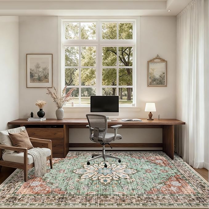 Area Rugs 9x12 Living Room Rug: Washable Rug Soft Vintage Distressed Floral Carpet Indoor Non-Slip Stain Resistant Large Carpets for Bedroom Dining Room Farmhouse Nursery Home Office Brown Green
