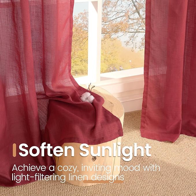BGment Linen Curtains 36 Inch Length, Small Half Drapes with Rod Pocket for Cafe Kitchen Window Over Sink Lightweight, Burgundy, 2 Panels Set, Each 24 Inch Wide