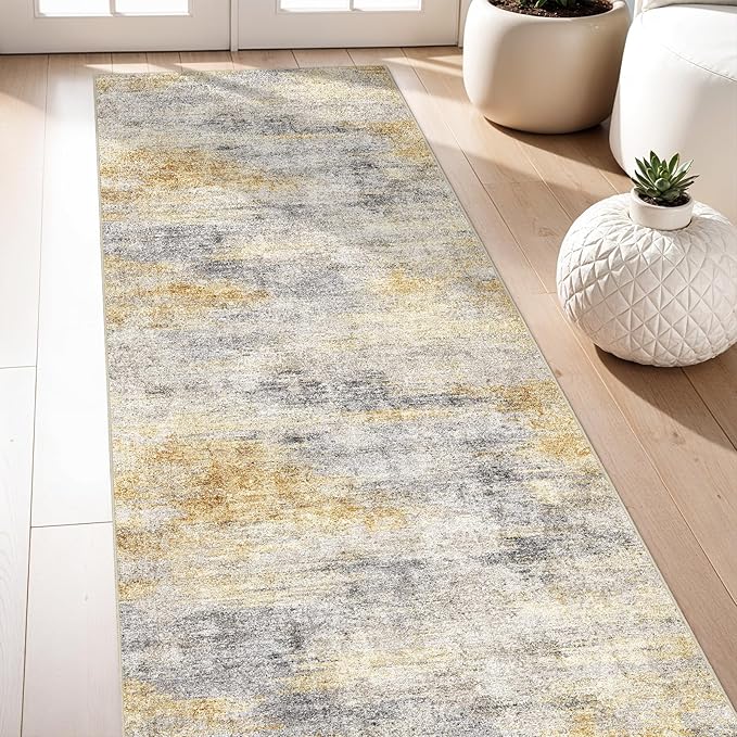 3x7 Runner Rug Washable Abstract: Non Slip Hallway Floor Mat Grey/Yellow