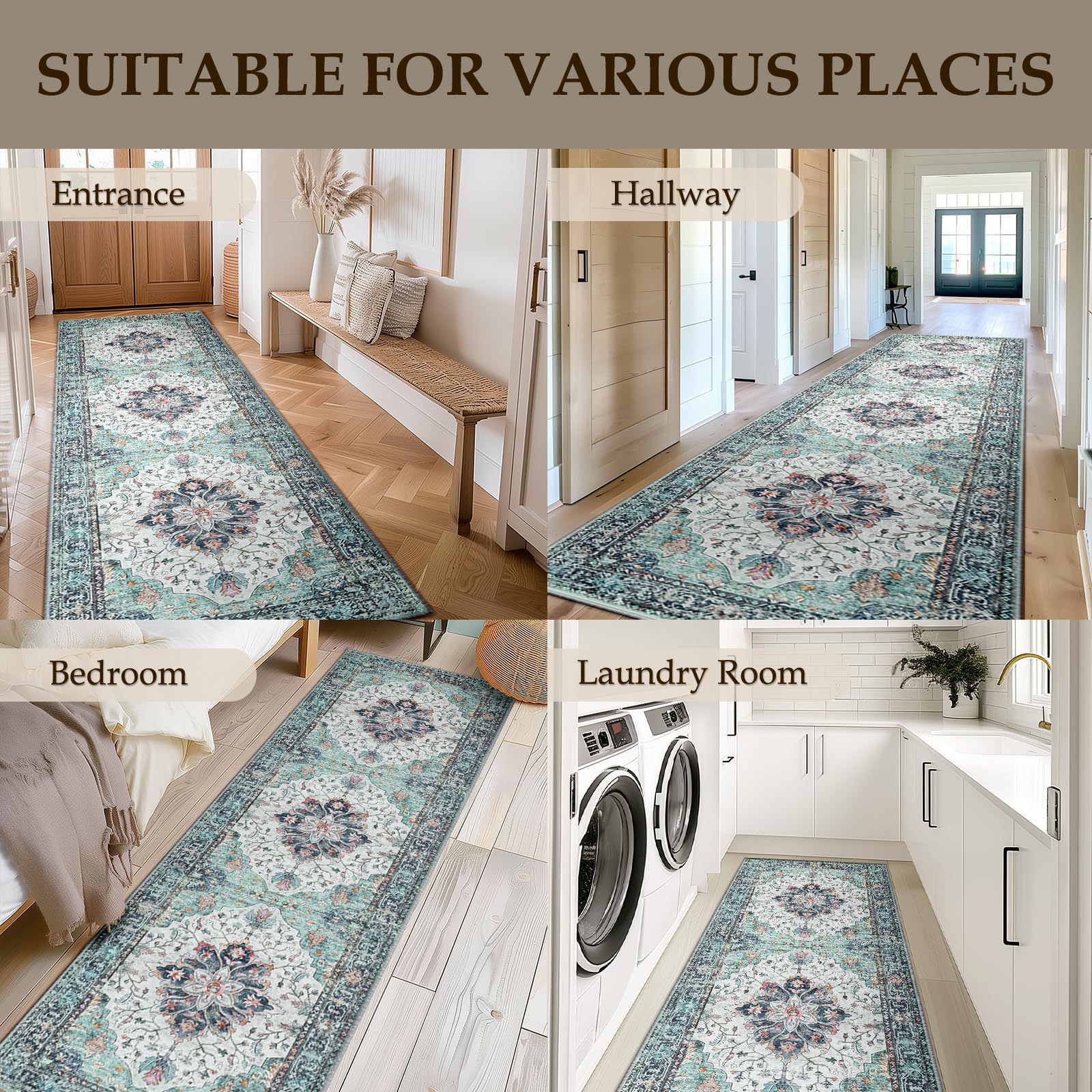 RELEANY Washable Area Rug, Runner 2'x10', Teal Green/White/Navy