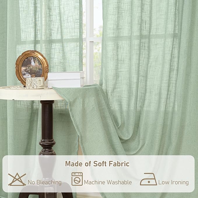 LAMIT Linen Curtains 48 Inch Length Semi Sheer Light Filtering 2 Panels