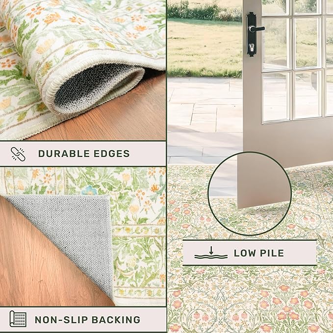 Beige Green 6x9 Washable Area Rugs for Dining Room, Nursery, Bedroom, Living Room, Kids Playroom, Ultra Soft Low Pile Non-Slip - Vintage Light Green Floral Indoor Carpet Stain Resistance