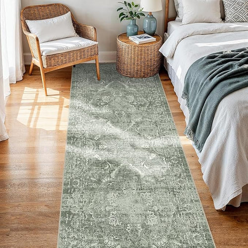 2x5 Washable Runner Rug: Vintage Medallion Kitchen Soft Rugs SageGreen