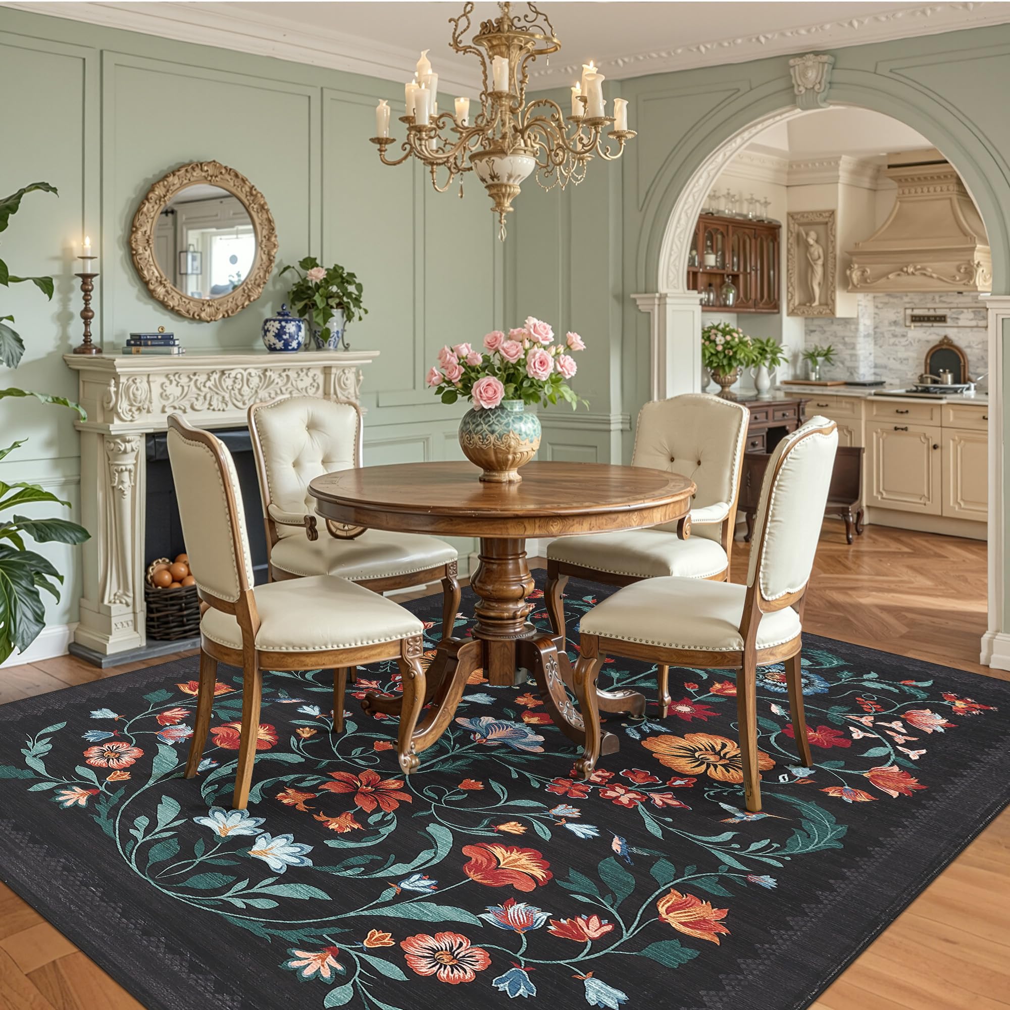 GarveeHome Washable Rug 4x6 Area Rugs for Living Room, Floral Rug for Bedroom, Soft Boho Non Slip Throw Rugs with Rubber Back, Low Pile Stain Resistant Vintage Floral Carpet for Dining Room, Black