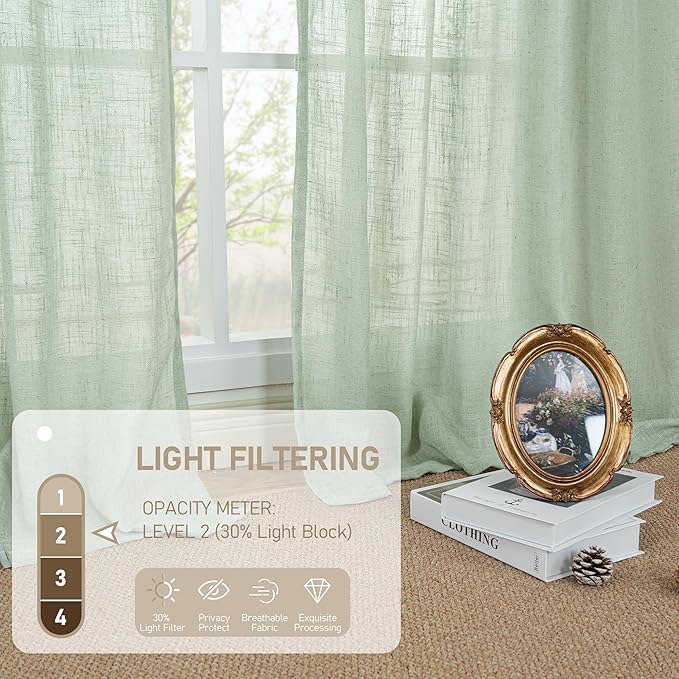 LAMIT Linen Curtains 48 Inch Length Semi Sheer Light Filtering 2 Panels