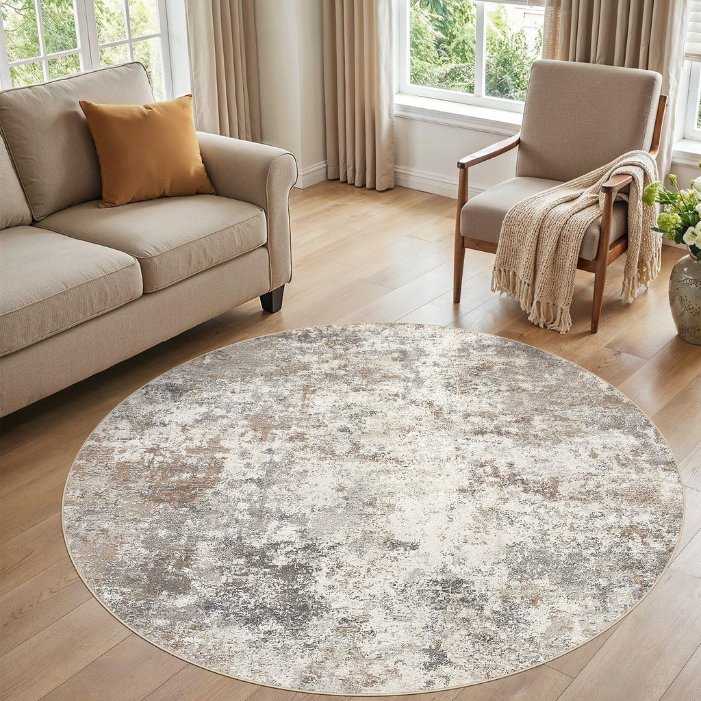 UERMEI 6ft Round Area Rug Living Room Rugs - 6x6 Washable Neutral Modern Abstract Soft Thin Rug Indoor Floor No Slip Rug Carpet for Bedroom Under Dining Table Home Office Decor - Brown Grey
