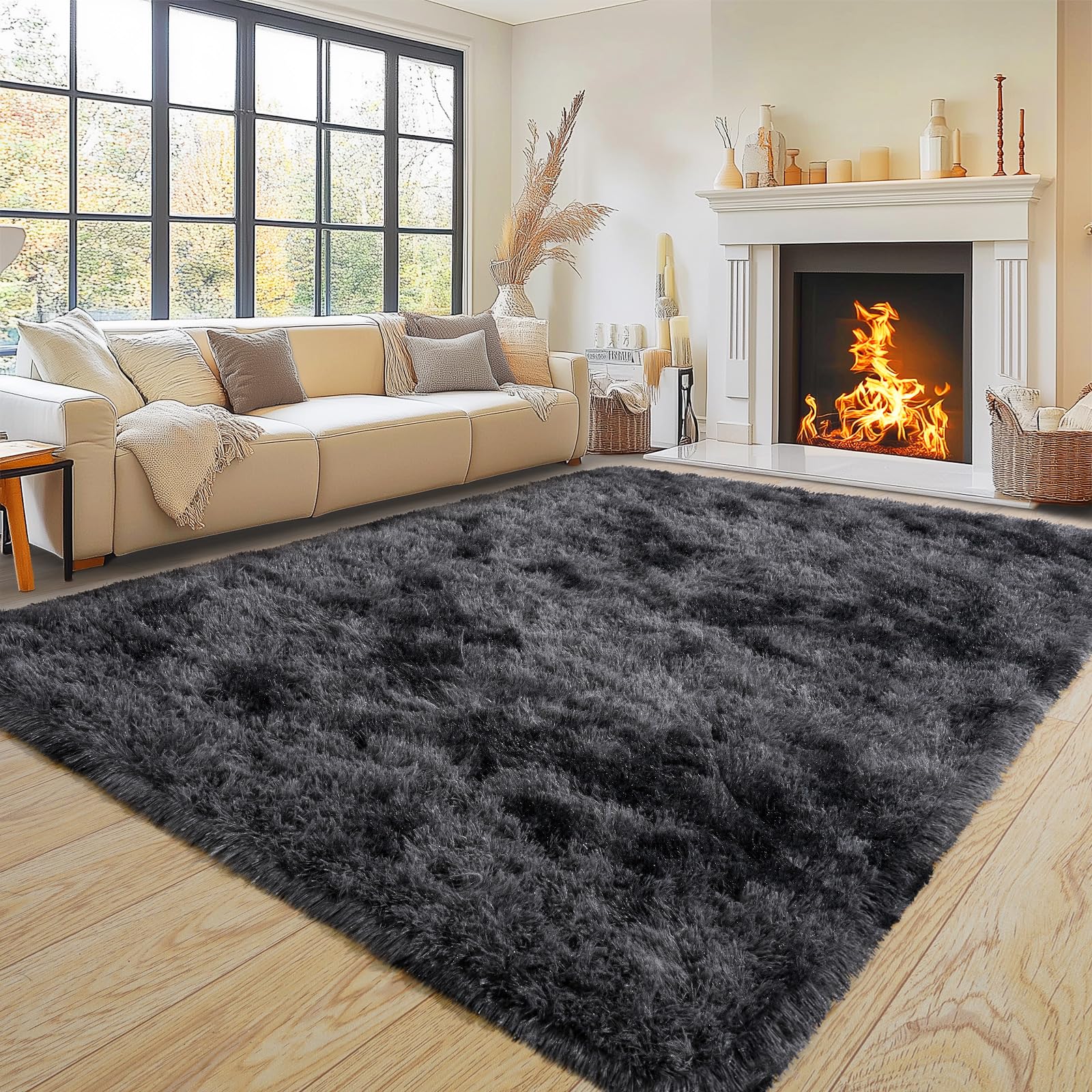 Super Fluffy Area Rug for Living Room 5x7, Shaggy Carpet, Dark Grey