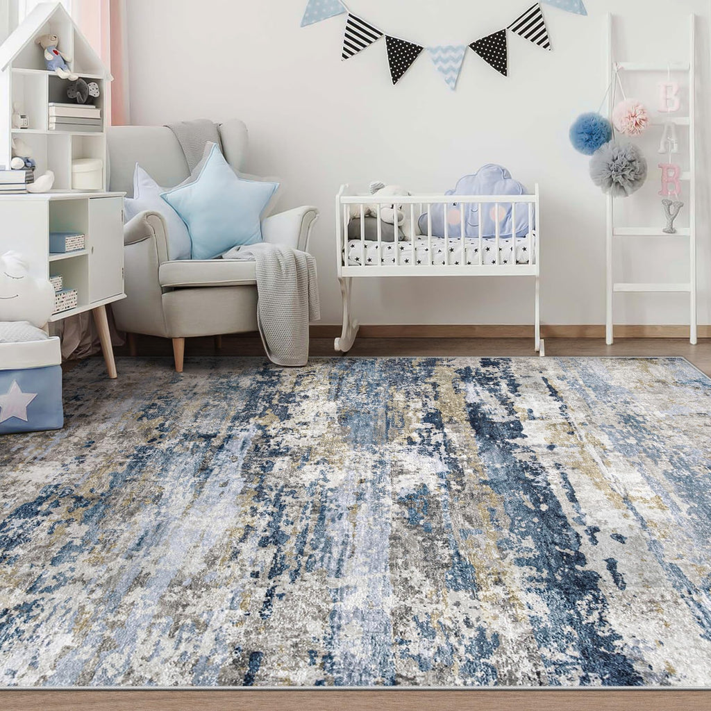 pmtsns Area Rugs 6x9 for Living Room: Washable Rug Modern Abstract Neutral Soft Non-Slip Low-Pile Indoor Carpet for Bedroom Dining Room Playroom Home Office (Blue Grey Brown, 6'x9')