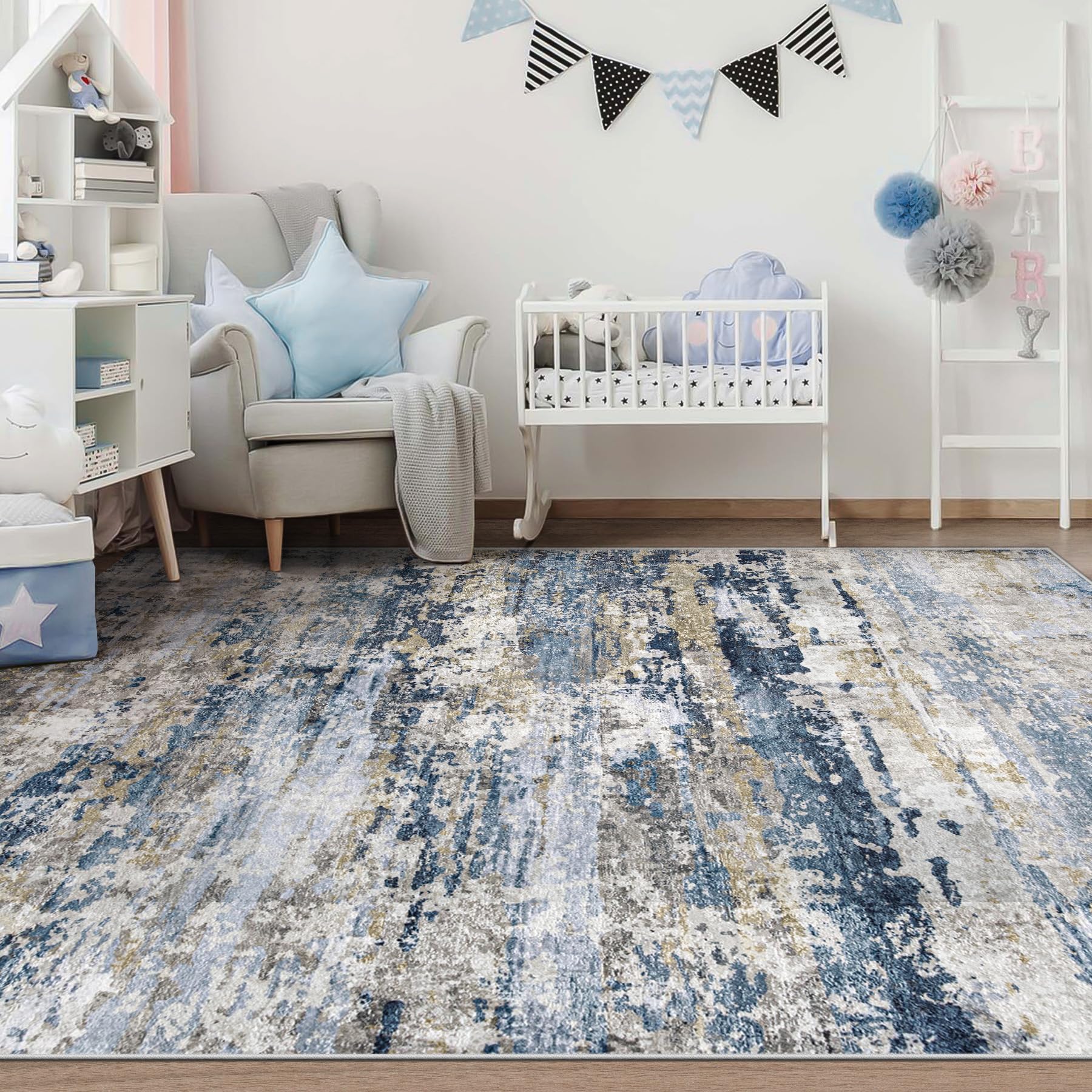 pmtsns Area Rugs 6x9 for Living Room: Washable Rug Modern Abstract Neutral Soft Non-Slip Low-Pile Indoor Carpet for Bedroom Dining Room Playroom Home Office (Blue Grey Brown, 6'x9')