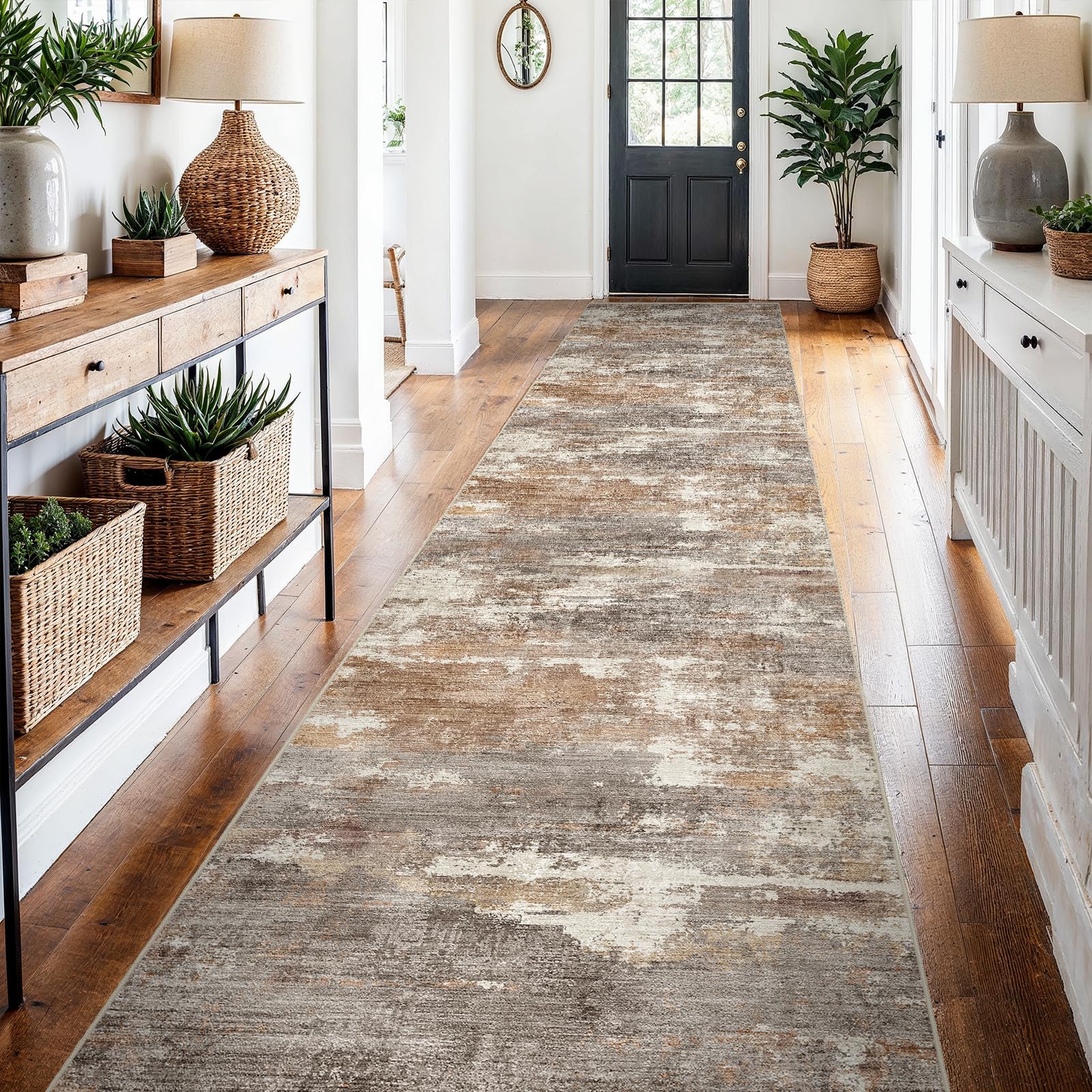 2'6x14 Runner Rug Washable Abstract: Non Slip Hallway Floor Mat Brown/Brick