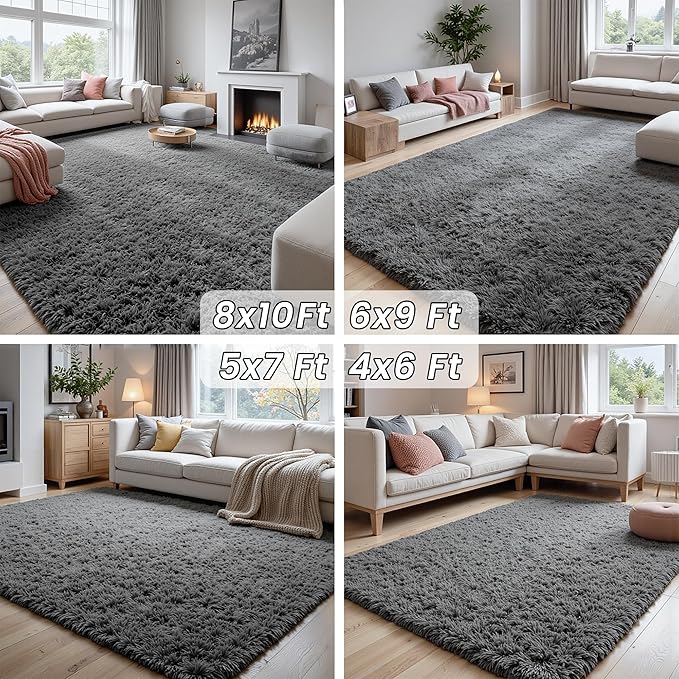 8x10 Fluffy Shag Area Rugs for Living Room Bedroom: Soft Plush Carpet Grey