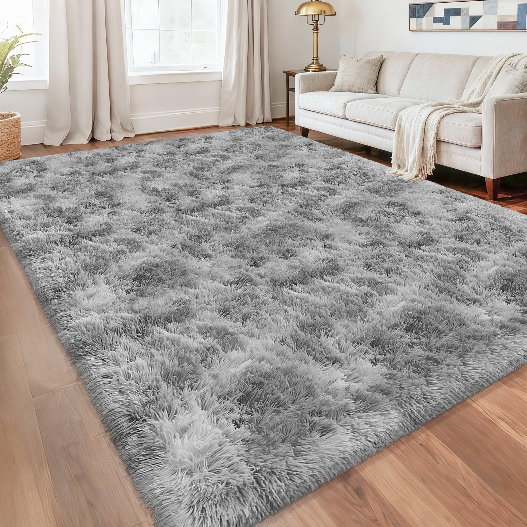 Large Area 8x10ft Carpet Tie-Dyed Grey Washable and Fluffy for Girls' Bedroom Bedside Rug