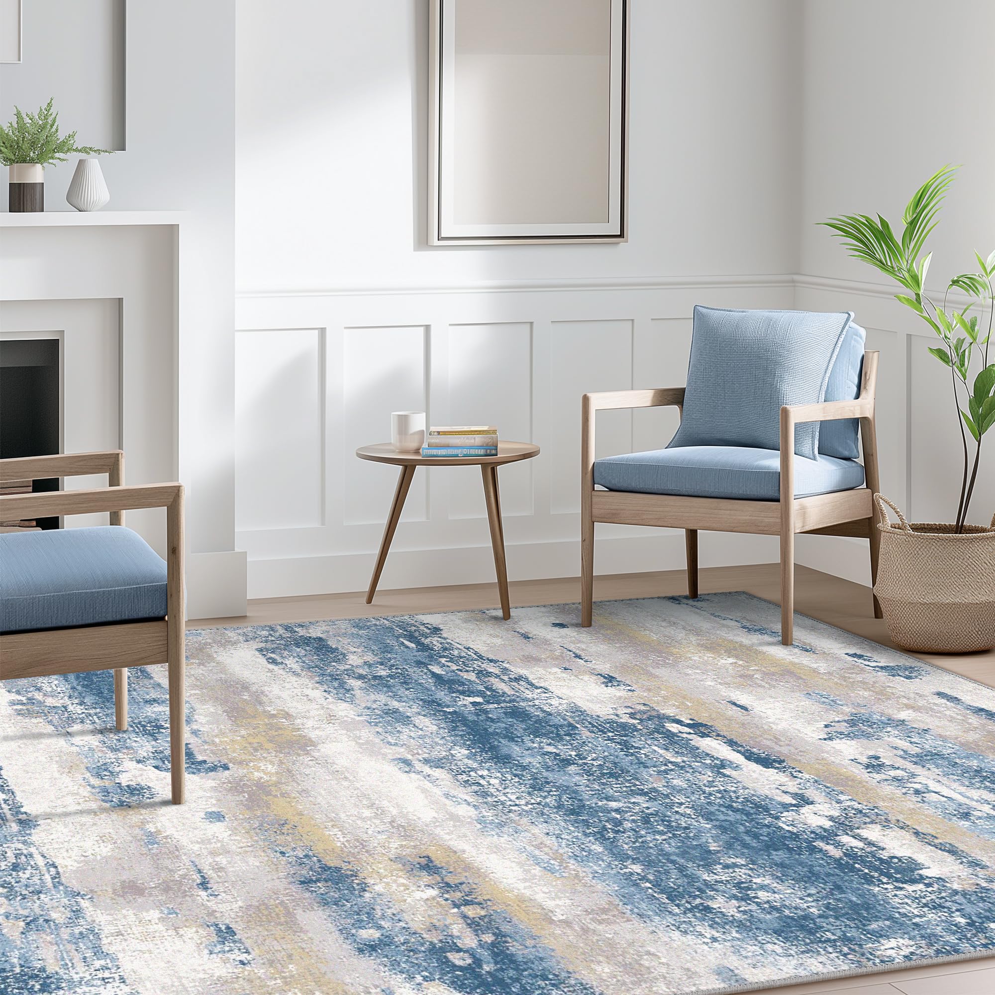 BEIMO 5x7 Area Rugs for Bedroom, Blue Cream Washable Abstract Non Slip Rug