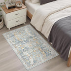 Madane Washable Area Rug 2x3, Small Entryway Rug Non-Slip Vintage Door Mat Indoor Entrance, Low Pile Floor Carpet for Inside Front Door Bedroom Kitchen Entry Laundry (2'x3', Blue/Gold)