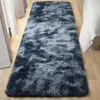 Tepook Fluffy Runner Rugs for Bedroom Aesthetic 2x6 Feet, Shag Soft Bedside Rug with Non-Slip Bottom, Fuzzy Plush Carpet for Room, Hallway Rug for Nursery Dorm Indoor Home Decor, Tie-dye Dark Blue