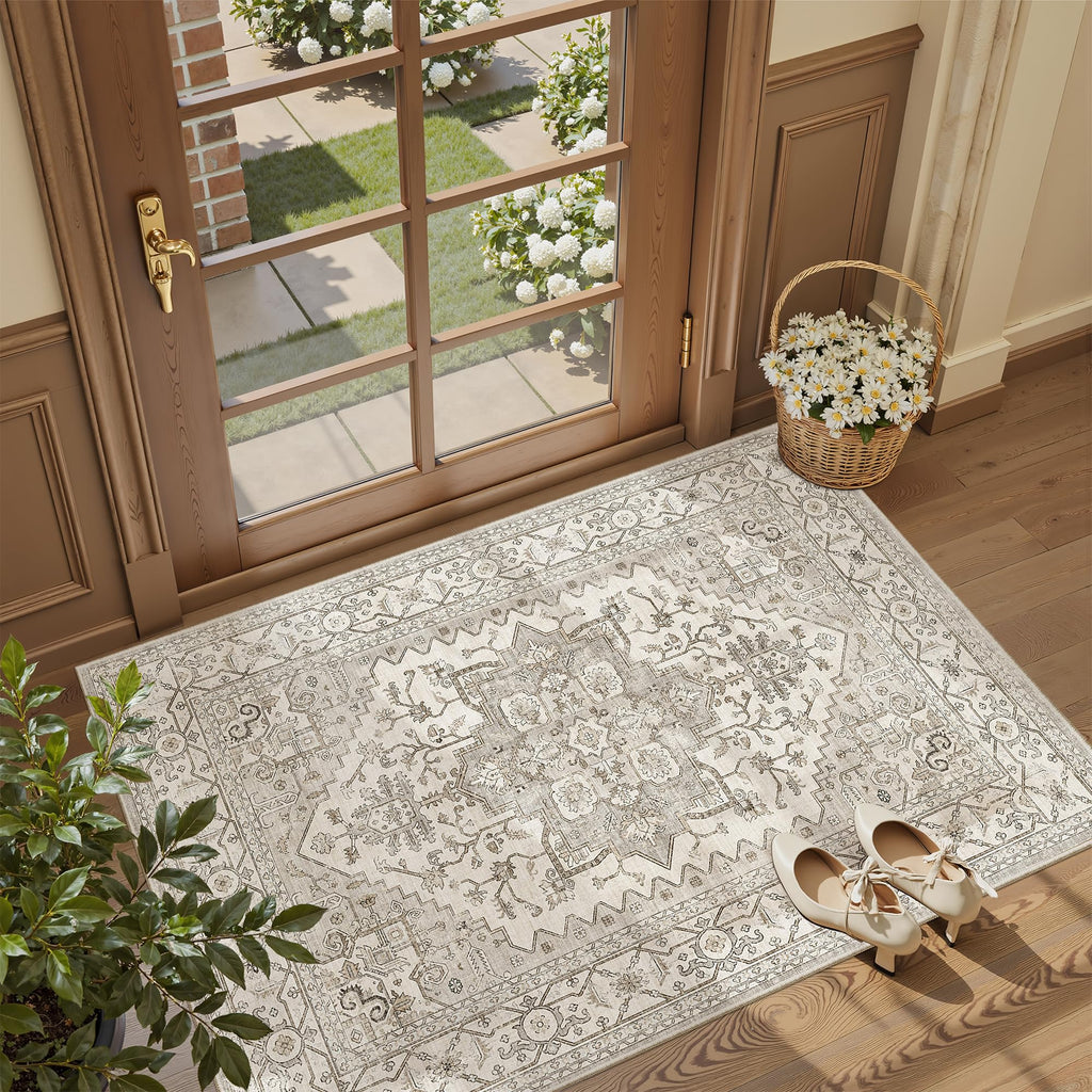 Madane Washable Entry Rug 3x4 Area Rugs for Entryway Kitchen, Beige/Brown