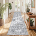 Yamaziot Washable Runner Rug 2x8 – Non Slip Boho Floral Hallway Runner Rug with Rubber Backing, Low Pile Faux Wool Distressed Carpet for Kitchen, Laundry, Bedroom, Entrance, Gray