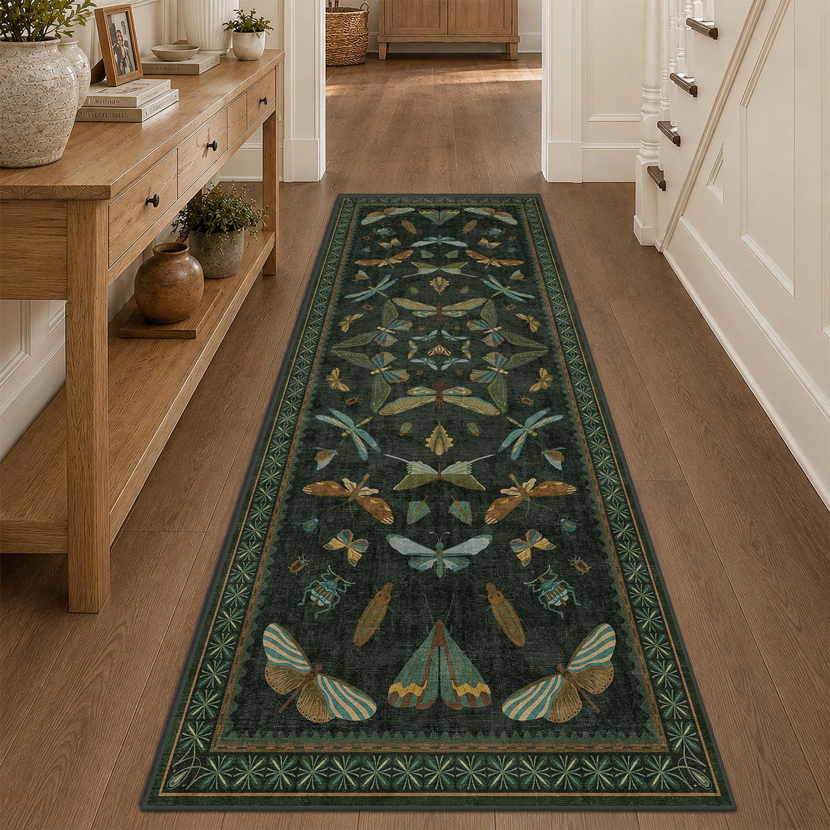 3x8 Green and Black Wide Hallway Runner Rugs - 8ft Washable Kitchen Floor Mats Non Slip, Floral & Insect Pattern Rug for Entryway, Vintage Stain Resistant Indoor Décor