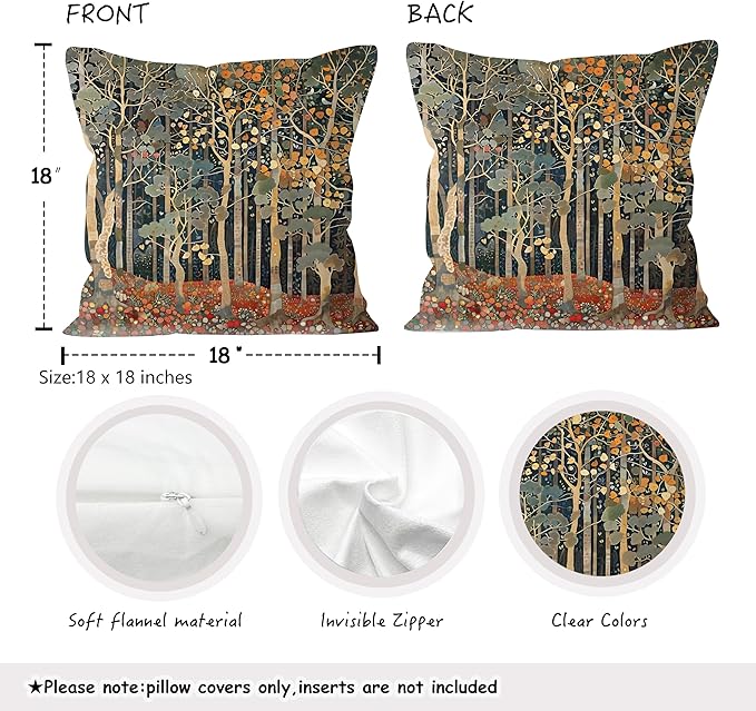 BUJSP Rustic Autumn Forest Pillow Covers 18x18 Set of 2, Fall Home Room Decor, Vintage Botanical Nature William Morris Inspired Decorative Throw Pillow Covers for Home Bedroom Living Room