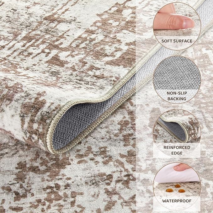 Area Rug Living Room Rugs - Washable Neutral Modern Abstract Soft Thin Rug Indoor Floor No Slip Rug Carpet for Bedroom Under Dining Table Home Office Decor - Brown/Grey/Red - 9x12