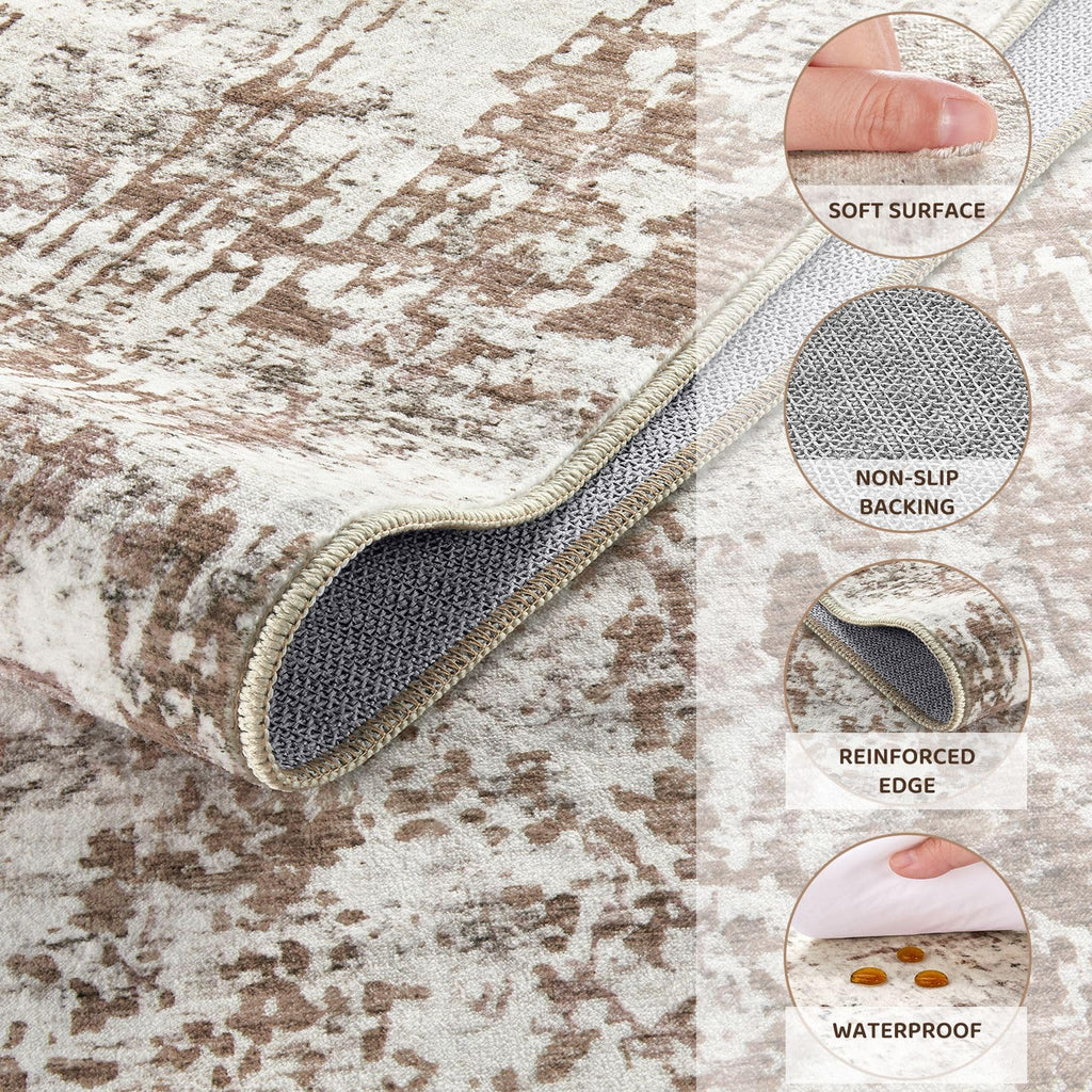 UERMEI 7x9 Area Rug Living Room Rugs - Washable Neutral Modern Abstract Soft Thin Rug Indoor Floor No Slip Rug Carpet for Bedroom Under Dining Table Home Office Decor - Brown/Grey/Red