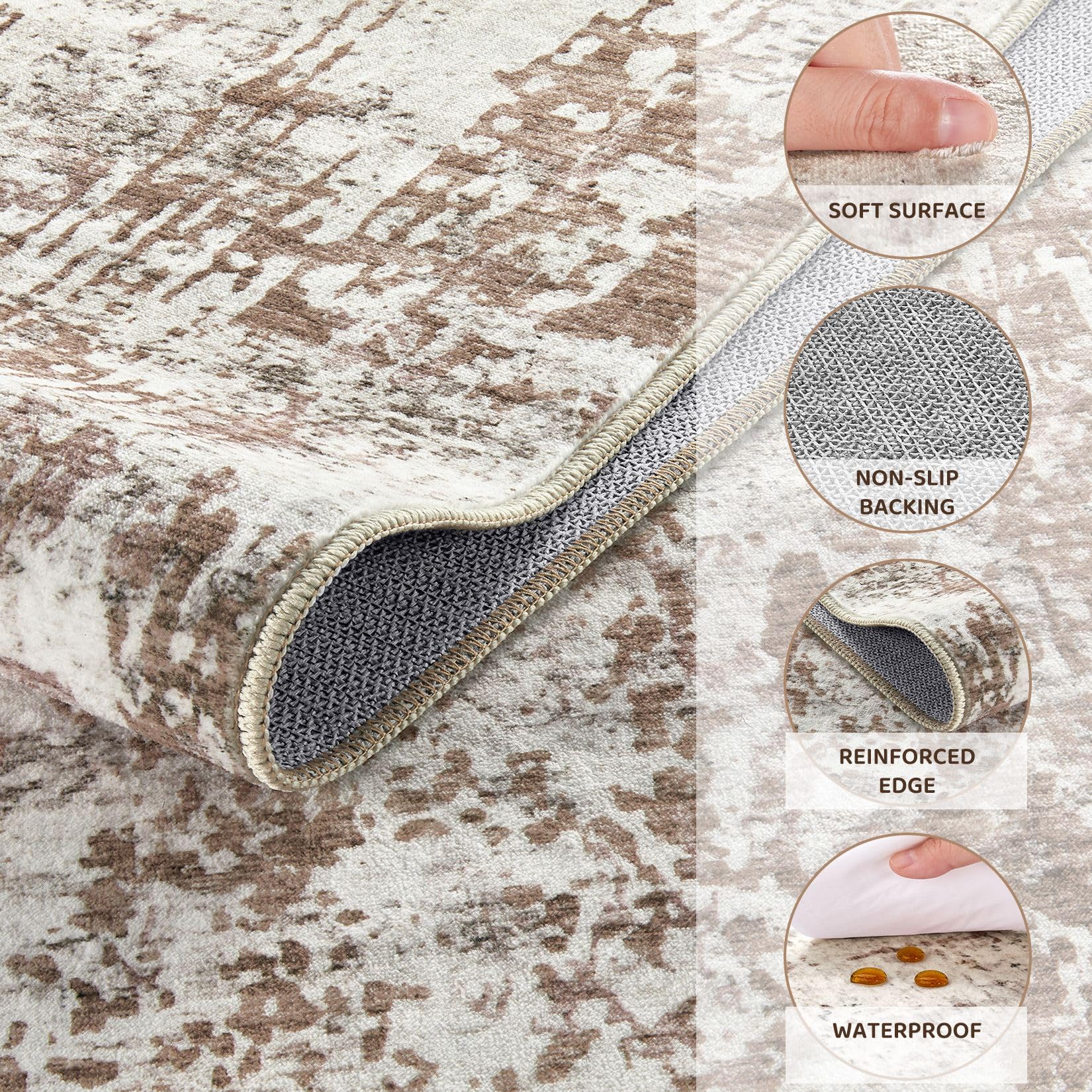 UERMEI 4x6 Area Rug Living Room Rugs - Washable Neutral Modern Abstract Soft Thin Rug Indoor Floor No Slip Rug Carpet for Bedroom Under Dining Table Home Office Decor - Brown/Grey/Red