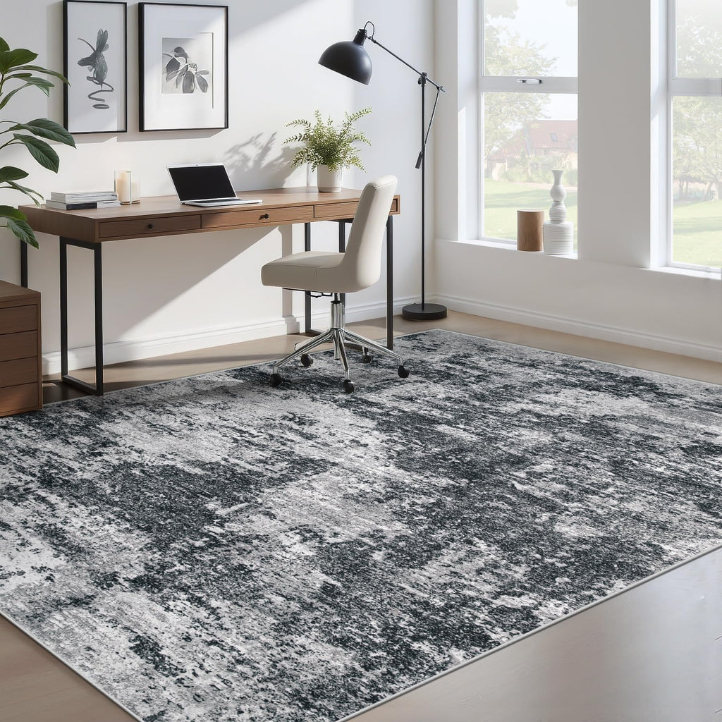 pmtsns Area Rugs 6x9 for Living Room: Washable Rug Modern Abstract Neutral Soft Non-Slip Low-Pile Indoor Carpet for Bedroom Dining Room Playroom Home Office (Black Grey, 6'x9')
