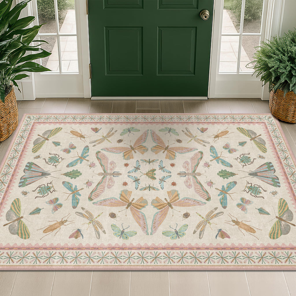 3x5 Flower Area Rug for Girls Bedroom - Washable Light Pink Large Entryway Rug for Laundry Room, Kitchen, Bedroom, Dorm, Insect Print Vintage Floral Non-Slip Throw Rug Low Pile Stain Resistance