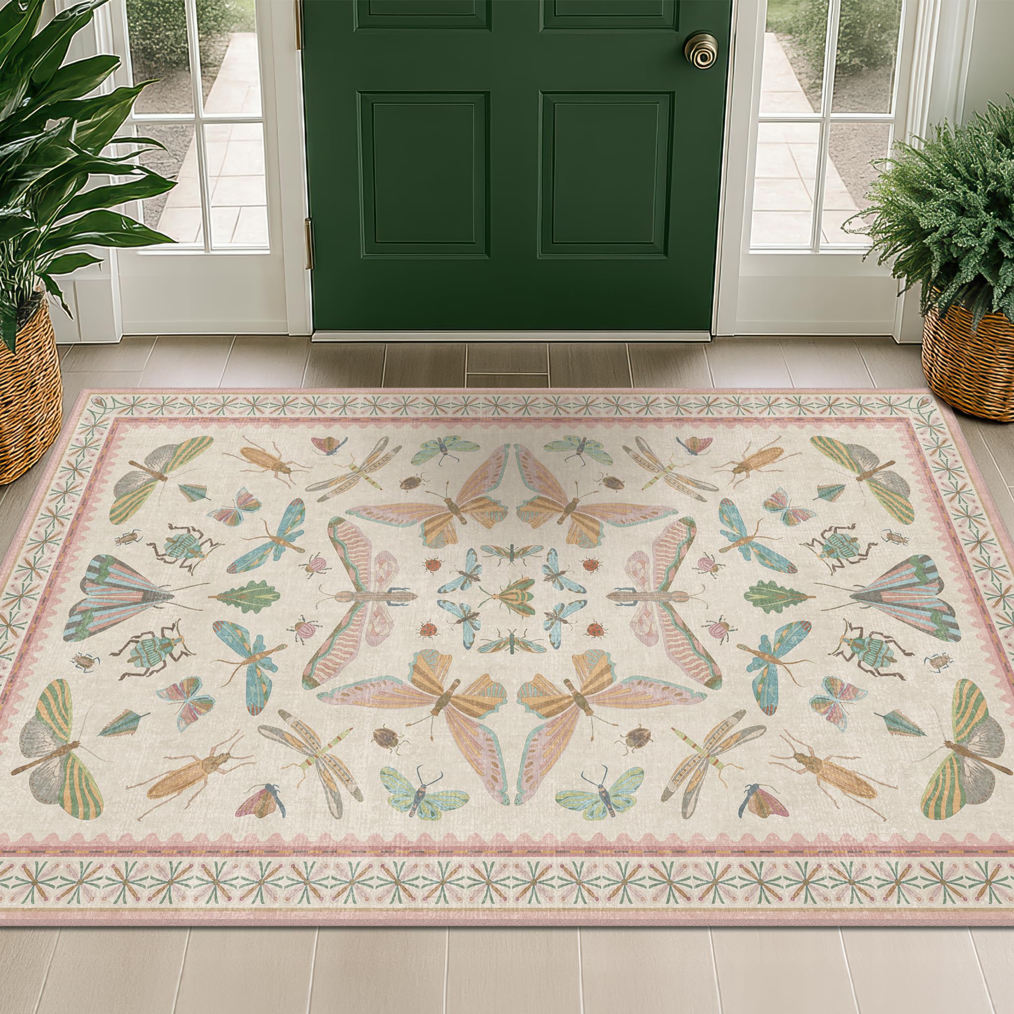 3x5 Flower Area Rug for Girls Bedroom - Washable Light Pink Large Entryway Rug for Laundry Room, Kitchen, Bedroom, Dorm, Insect Print Vintage Floral Non-Slip Throw Rug Low Pile Stain Resistance